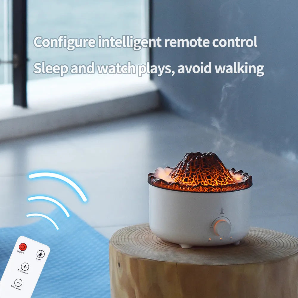 White columnar volcano humidifier with simulated flame lighting effect and remote control