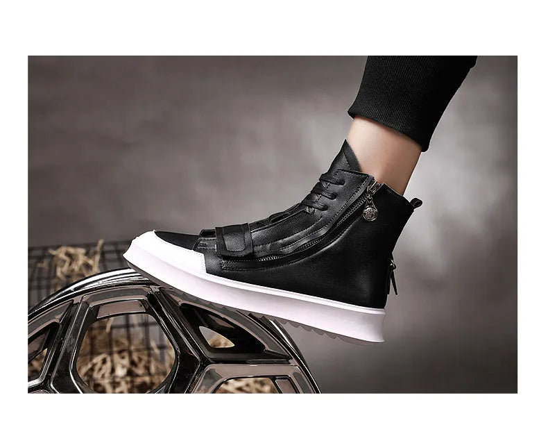Men's black PU leather high-top winter ankle boots on a white background, showing sneaker-style design.