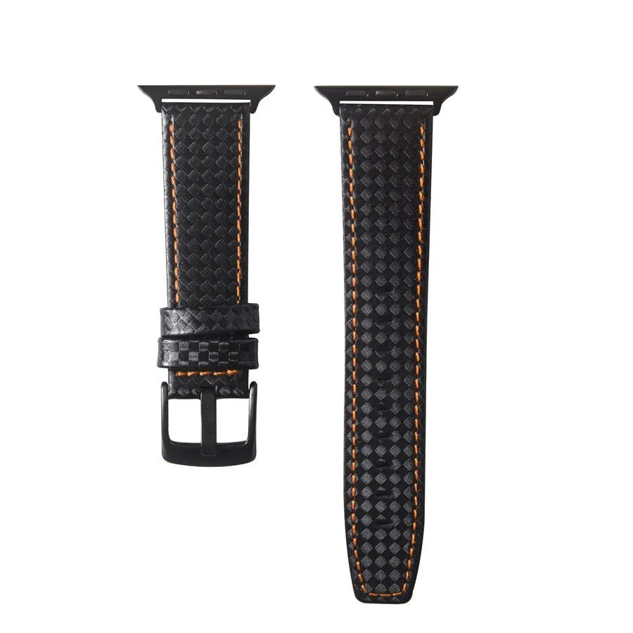 Carbon fibre and leather Apple Watch strap on a PC hard shell case, showing red, black, orange, and blue colour options.