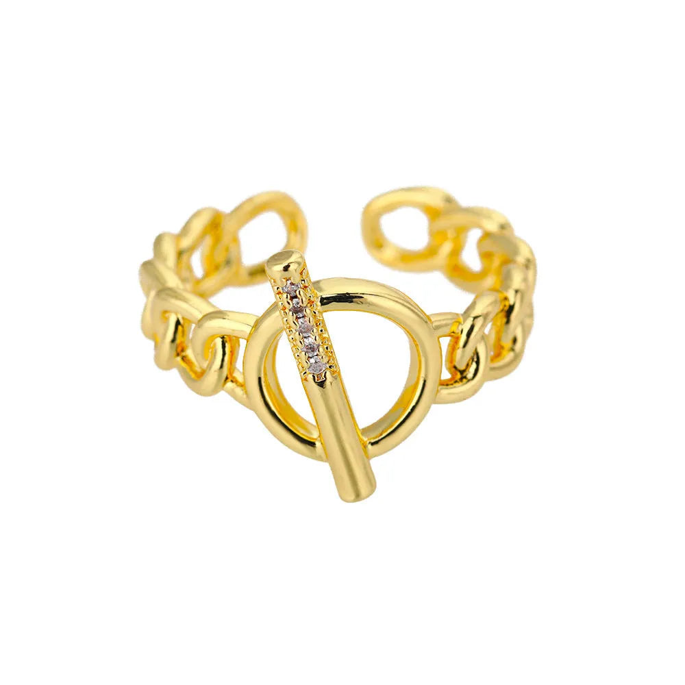Gold plated copper adjustable open ring with zirconia inlay and OT buckle design