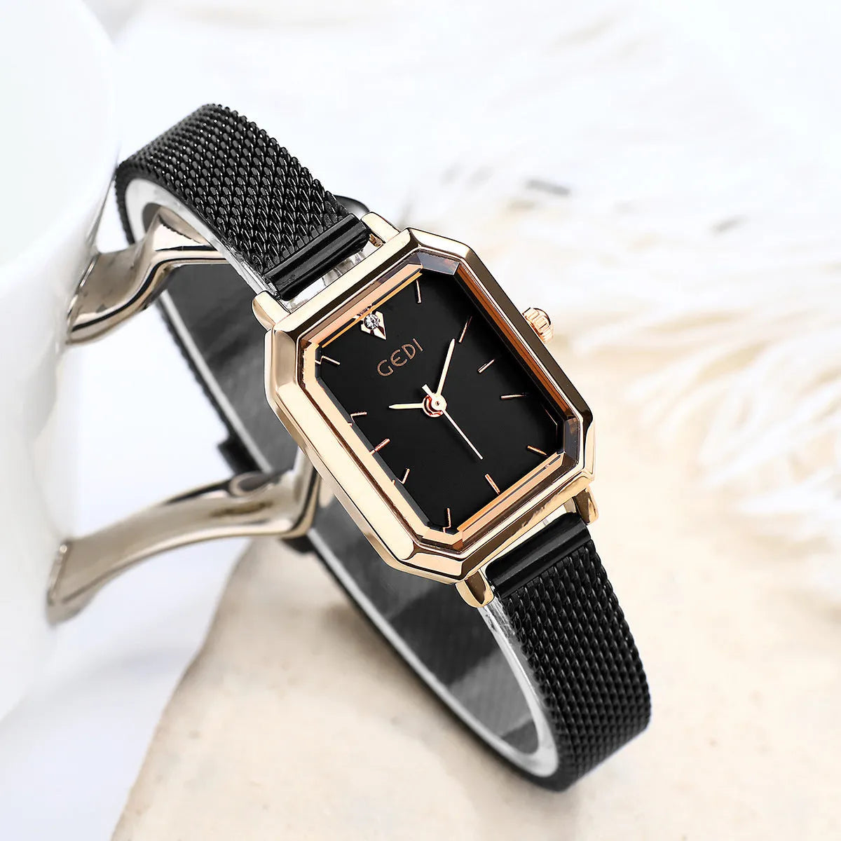 Square retro casual watch for women with rose shell case and multiple colour options
