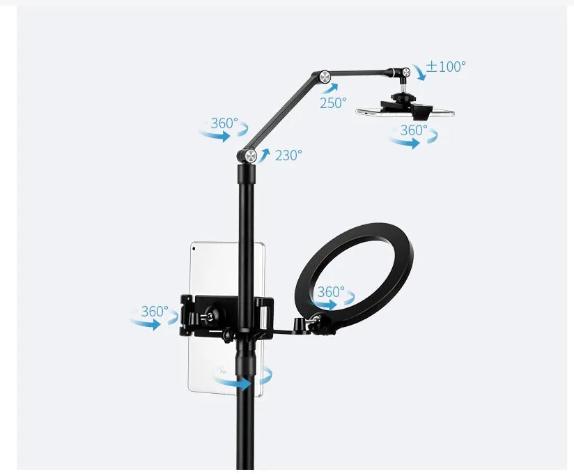 Black aluminium alloy mobile phone tablet stand with fill light for live broadcast shooting