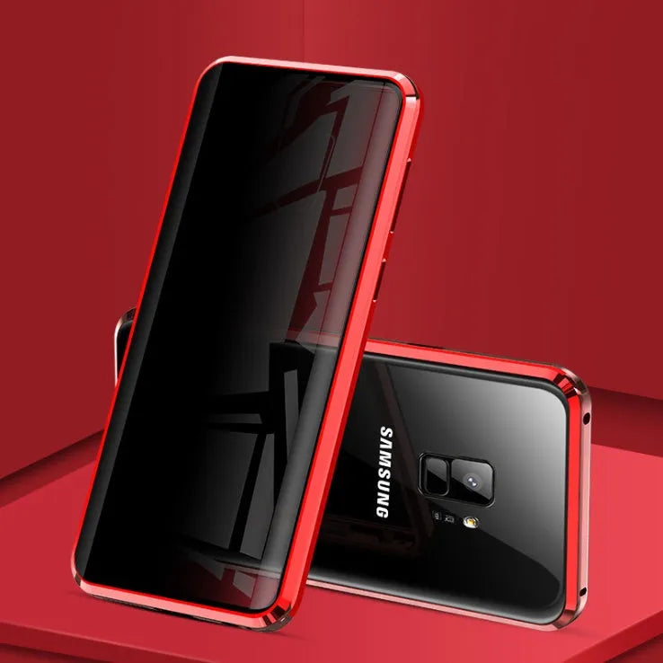 Magnetic anti-peeping Samsung phone case with clamshell design and double-sided glass construction
