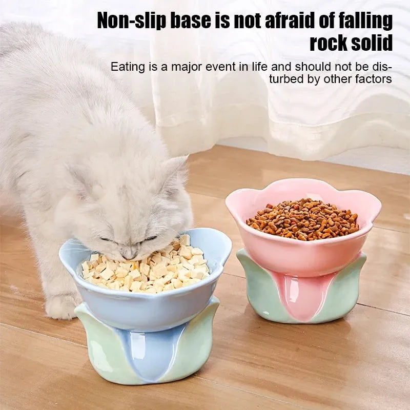 Blue ceramic elevated pet bowl with floral pattern and non-slip base for cat or small dog