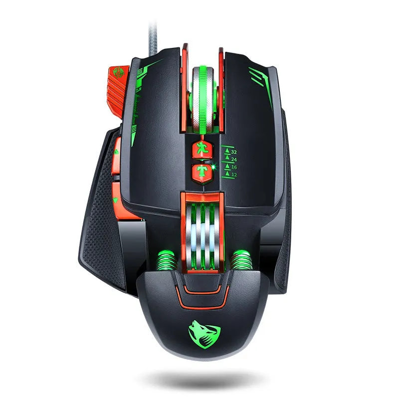 Thunder Wolf V9 black wired gaming mouse with 6 buttons and USB connector on desktop