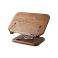 Walnut wood adjustable rotating reading rack holding book at angle