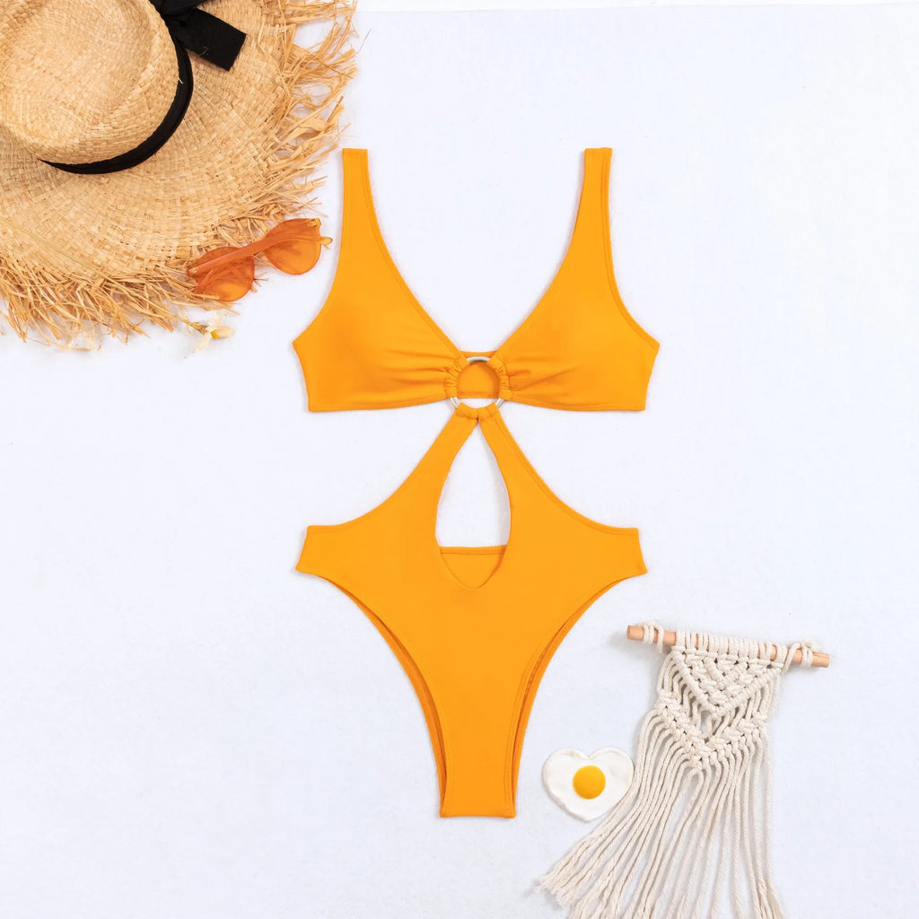 Women's black triangle one-piece sleeveless swimsuit made of nylon fabric.