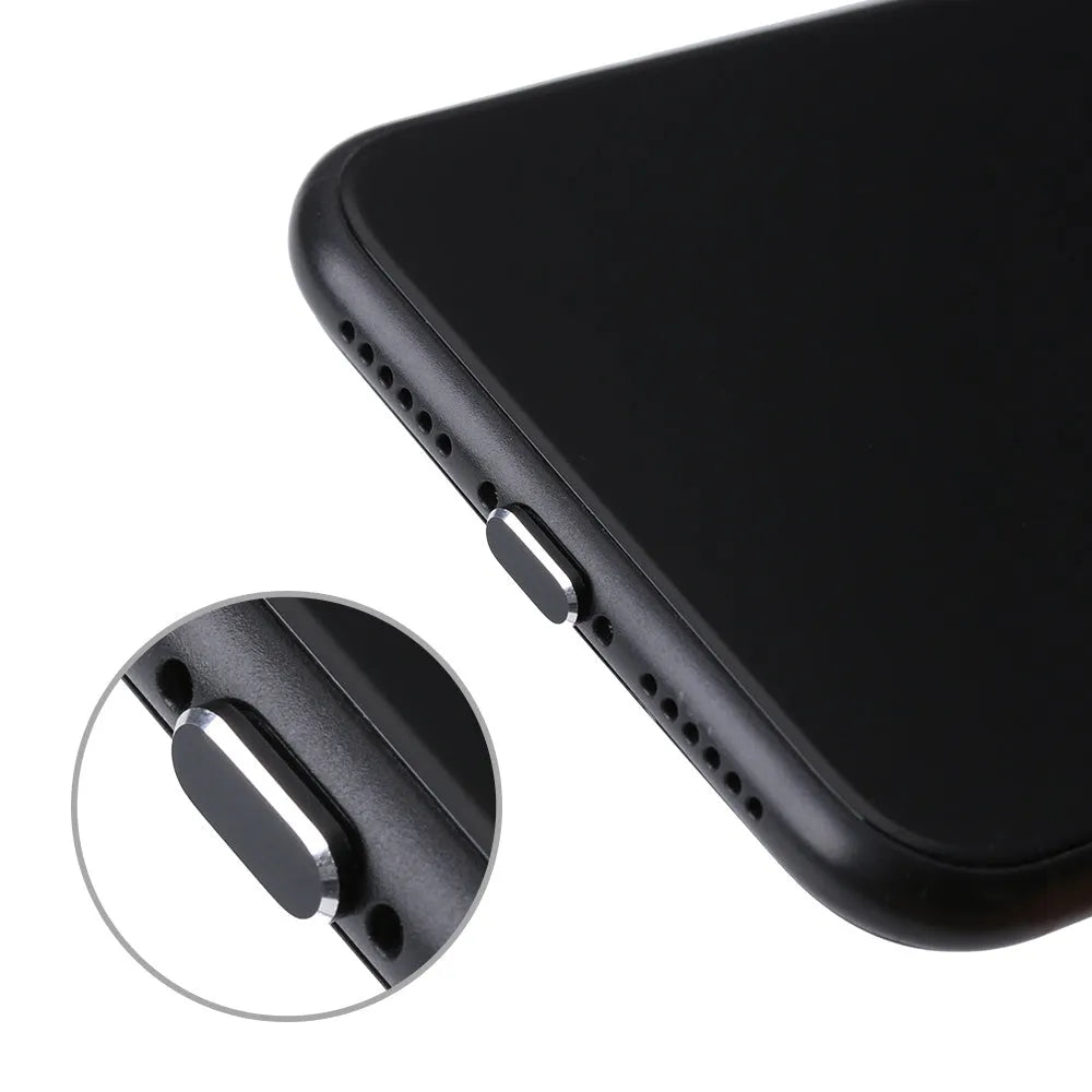 Aluminium alloy iPhone charging port dust plug in various colours including gold, silver, blue, and rose gold.