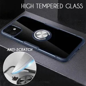 Black PU leather back cover case fitted on an iPhone 11 Pro Max showing full access to camera and ports.