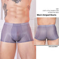 Men's striped underwear in thin nylon fabric showing transparent design in black, white and dark grey colours