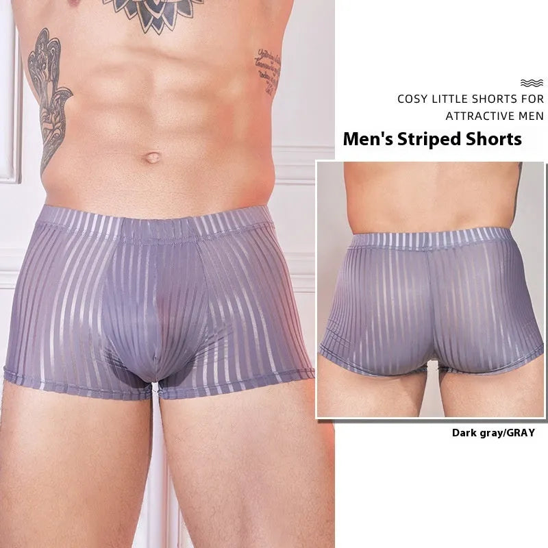 Men's striped underwear in thin nylon fabric showing transparent design in black, white and dark grey colours