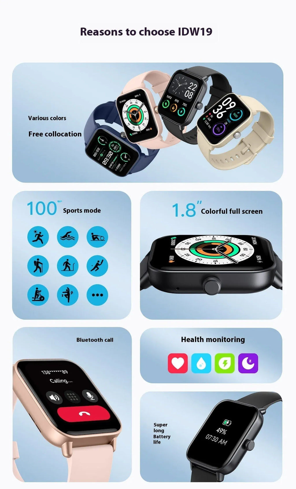 Multi functional sports smartwatch in pink or black with heart rate monitoring, Bluetooth calling, and 7-14 day battery life