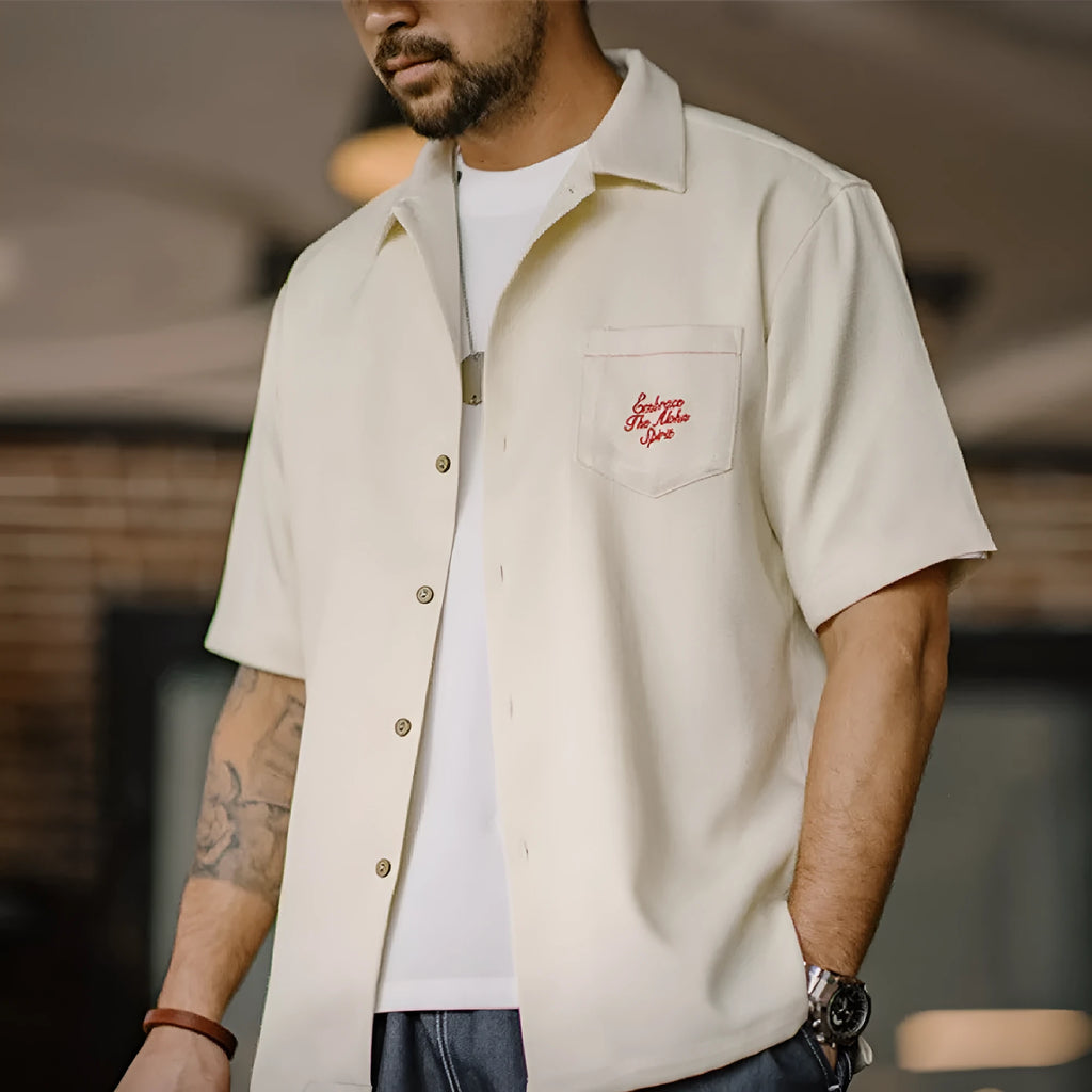 Men's light apricot Cuban collar shirt with bamboo and floral plant pattern