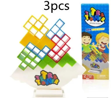 Plastic balance stacking tower game with coloured blocks on a base for kids and adults