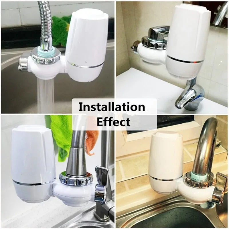 White plastic faucet water filter unit with ceramic core and universal thread adapters for kitchen tap installation.