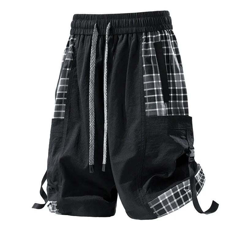 Man's loose-fit cargo shorts in grey with plaid stitching detail on the legs.