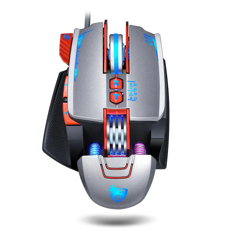 Thunder Wolf V9 black wired gaming mouse with 6 buttons and USB connector on desktop