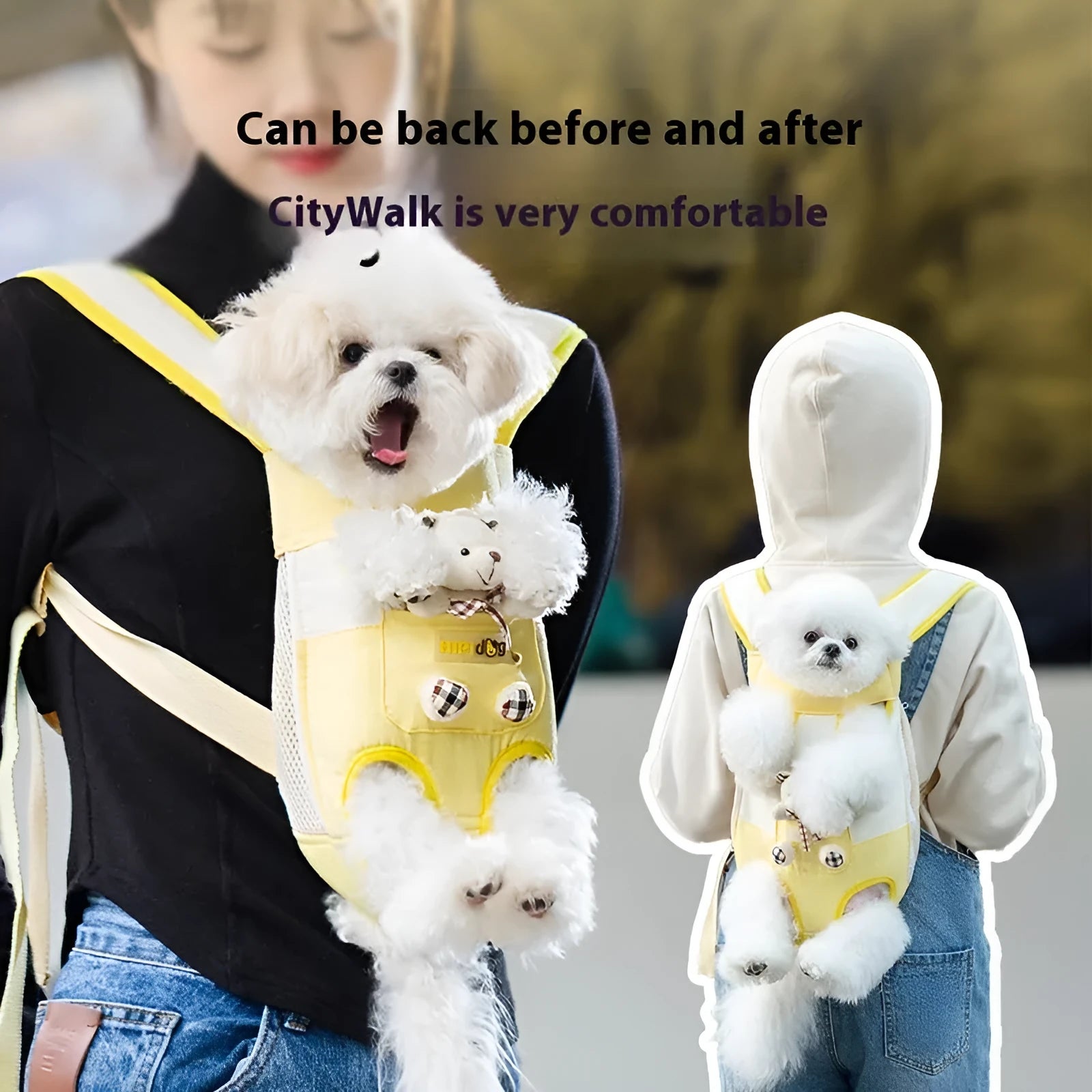 Cartoon cute chest bag pet carrier in canvas with colourful stitching patterns and adjustable sizing