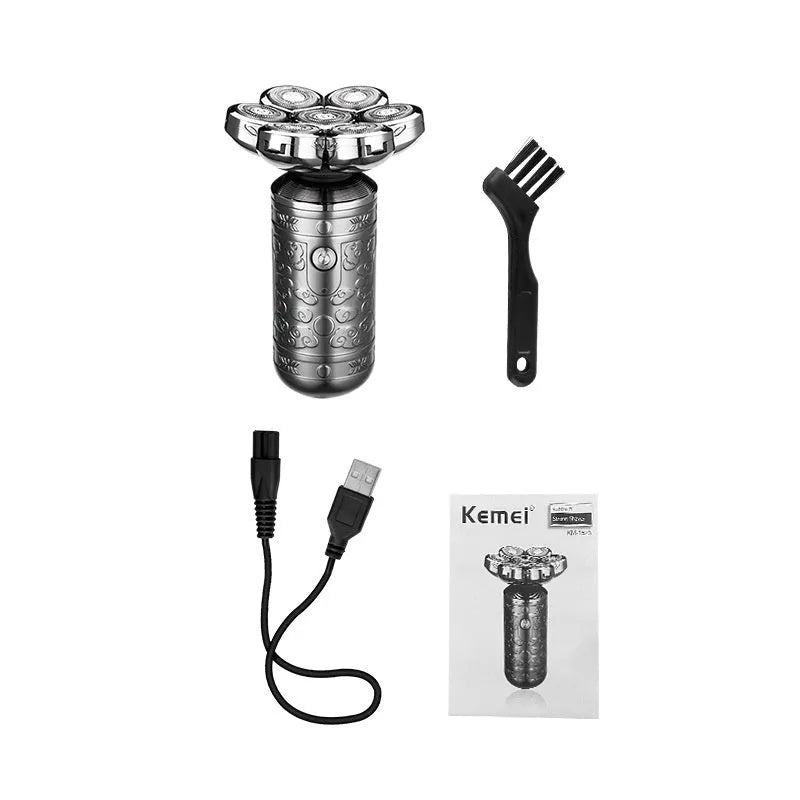 Zinc alloy electric shaver in silver and black with floating cutter head and USB charging port