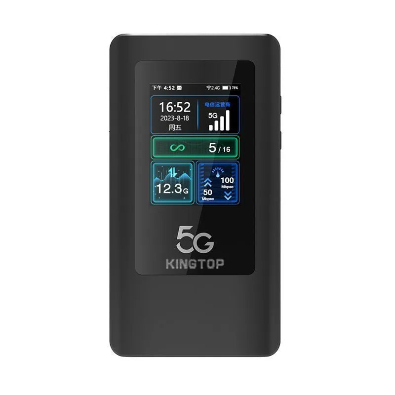 Black portable 5G MiFi router with LCD screen showing network status