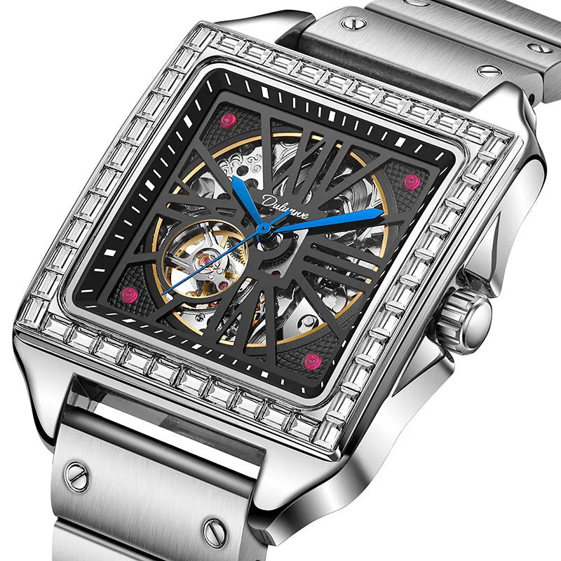 Men's square automatic watch with diamond detailing on steel belt