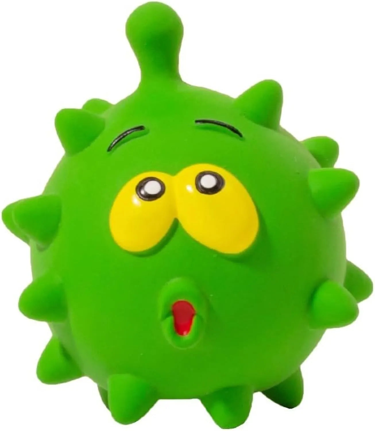 Four natural latex rubber dog squeaky balls with cute faces in blue, green, red and yellow colours