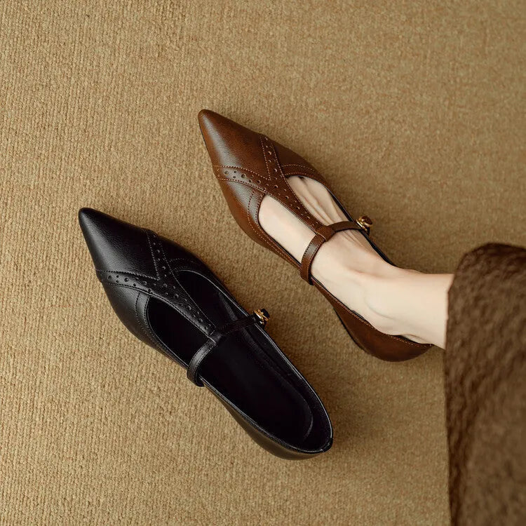 Women's brown pointed toe flat shoes with cowhide leather upper and soft bottom