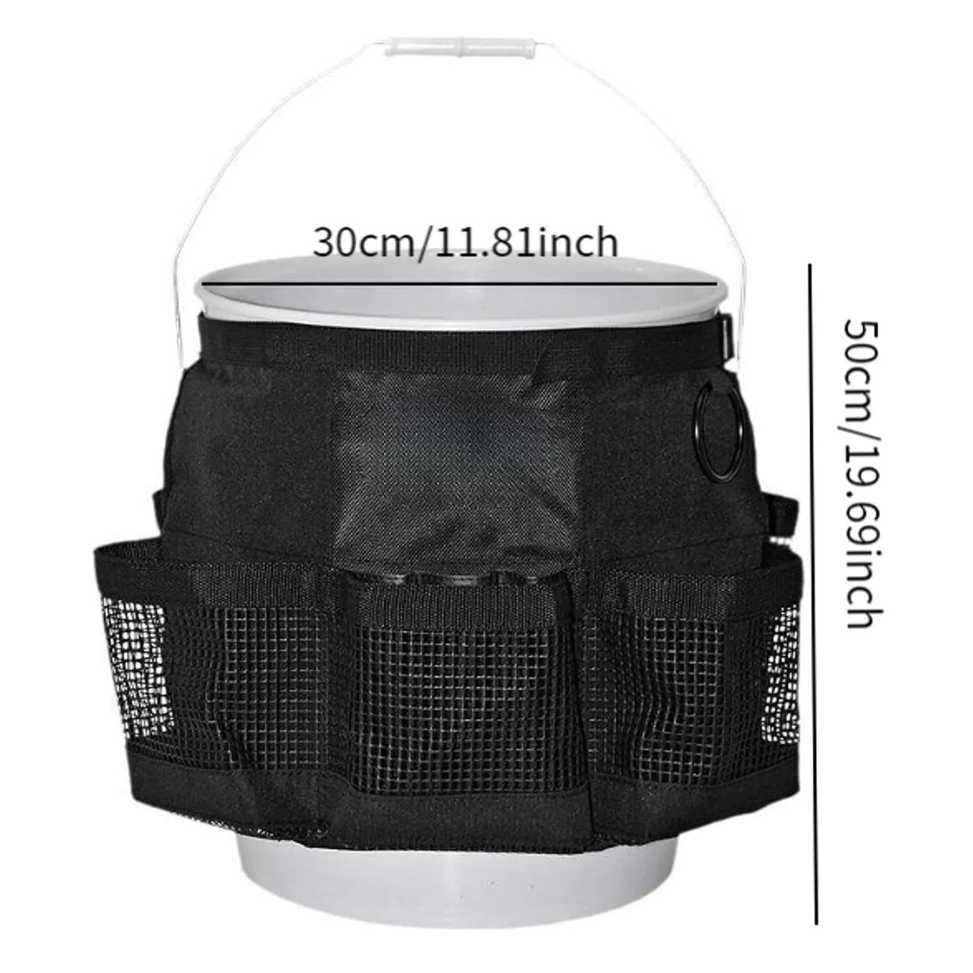 Black cylindrical buggy storage bag hanging from a 5 gallon barrel with car washing tools inside