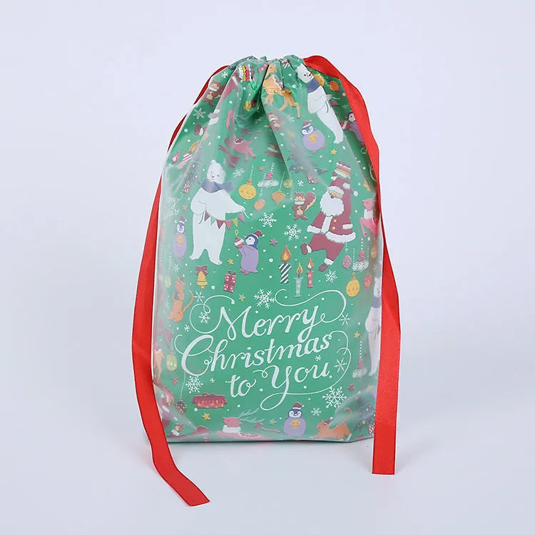Christmas gift bag with drawstring pull string in plastic cartoon style, available in blue, bright red, green, or red