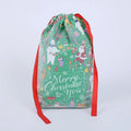 Christmas gift bag with drawstring pull string in plastic cartoon style, available in blue, bright red, green, or red
