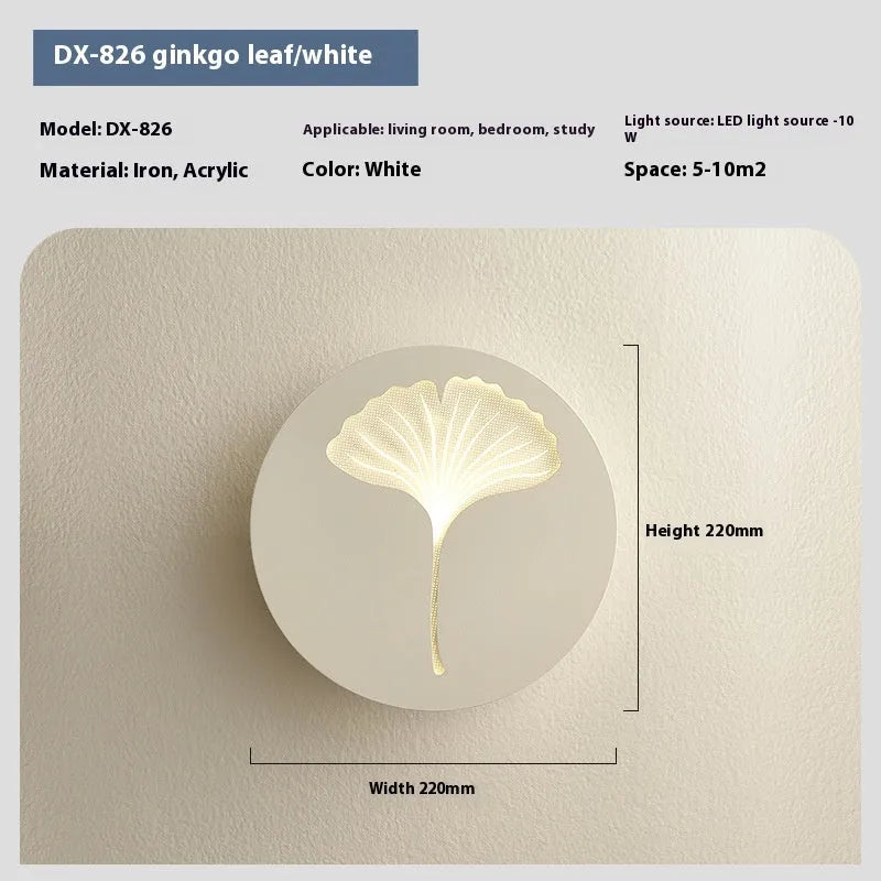 Modern bedside wall lamp with acrylic shade in six designs: white or pink square four-leaf clover, round ginkgo leaf, and round love heart.