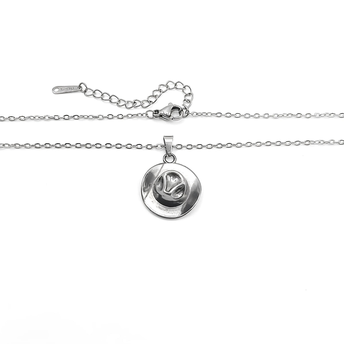 Metal cowboy hat punk pendant necklace on O-ring chain, available in gold, rose gold and steel colour