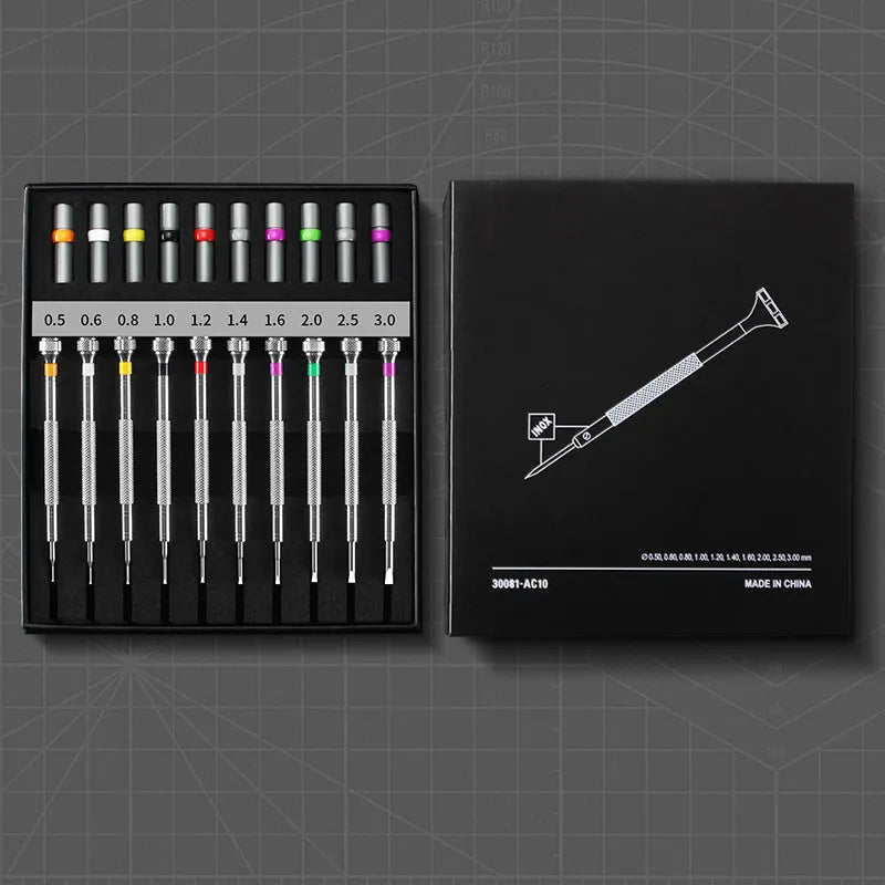 Watch and glasses repair tool kit with 10 screwdrivers and 20 spare drill bits in box