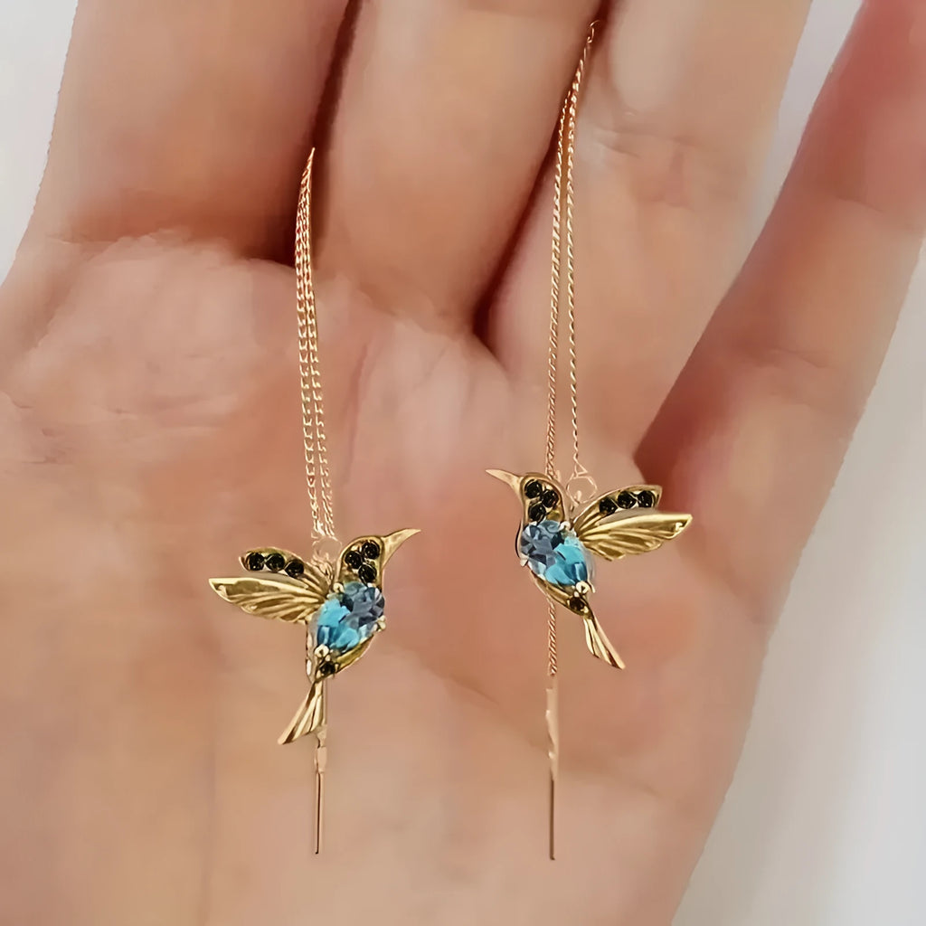 Women's long alloy bird earrings with mixed zirconium wings in red, blue, and red lvzuan colours
