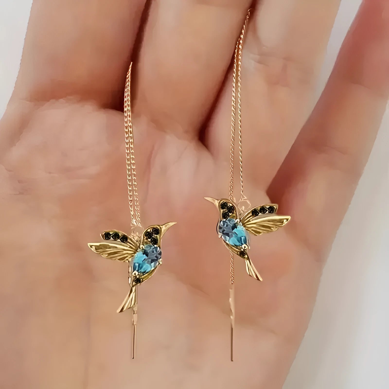 Women's long alloy bird earrings with mixed zirconium wings in red, blue, and red lvzuan colours