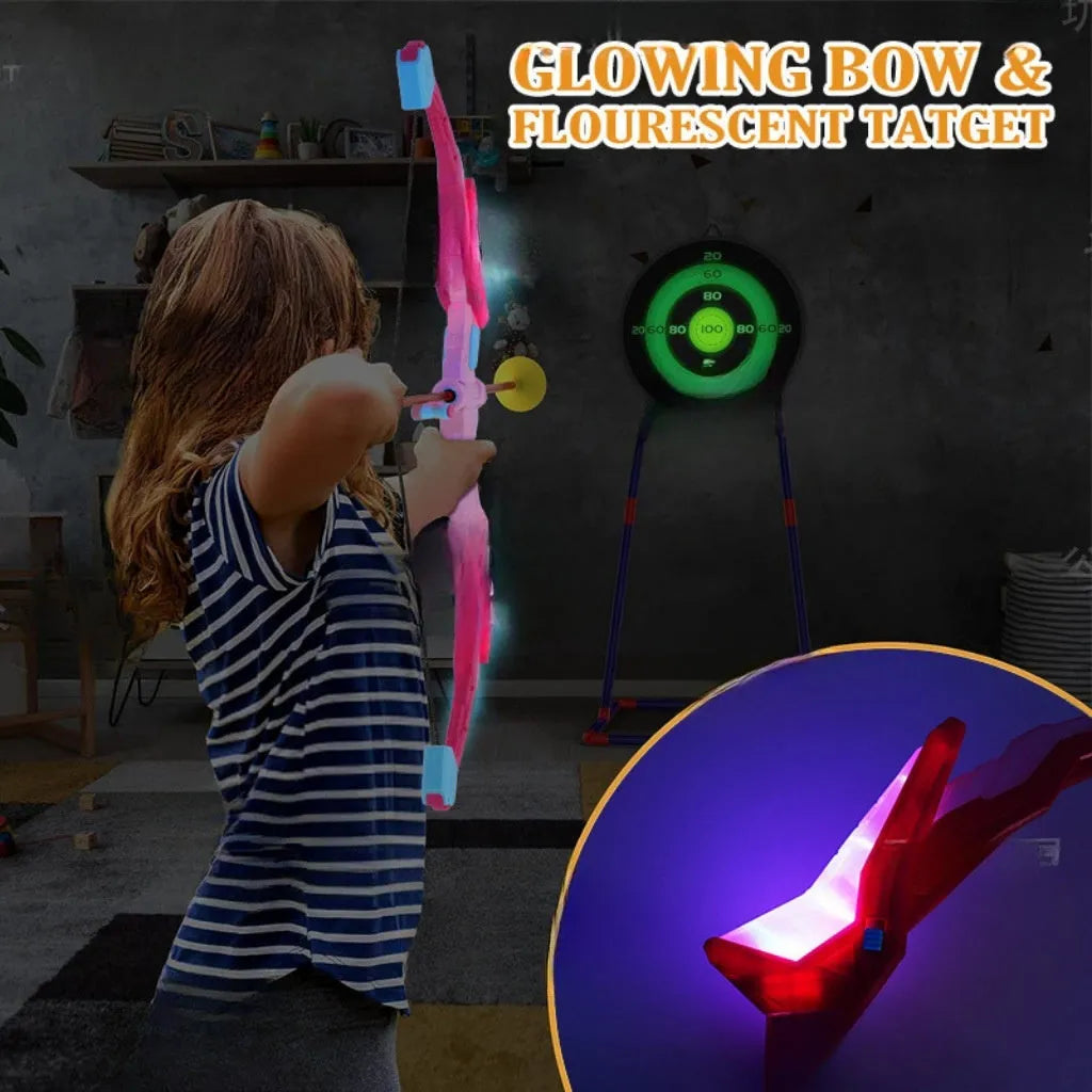 Children's bow and arrow set with detachable bow, target tube and light-up arrows in green or pink, ABS outdoor toy for ages 7-14