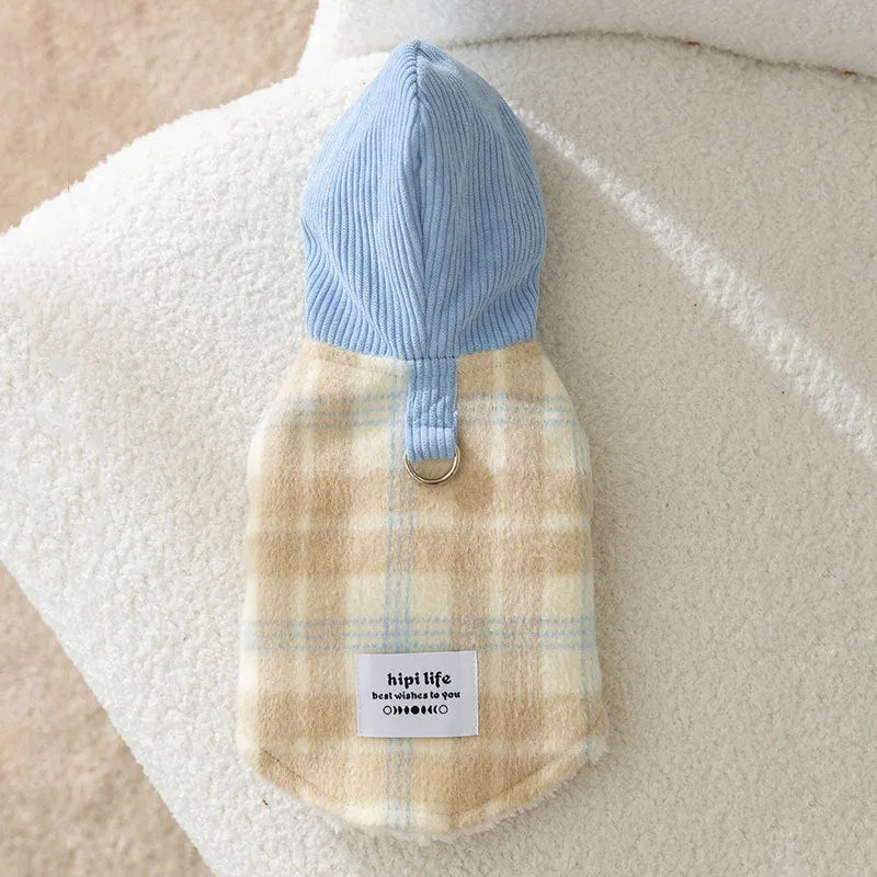 Blue corduroy chessboard pattern hooded vest for dog on size chart showing weights from 0.5kg to 10kg