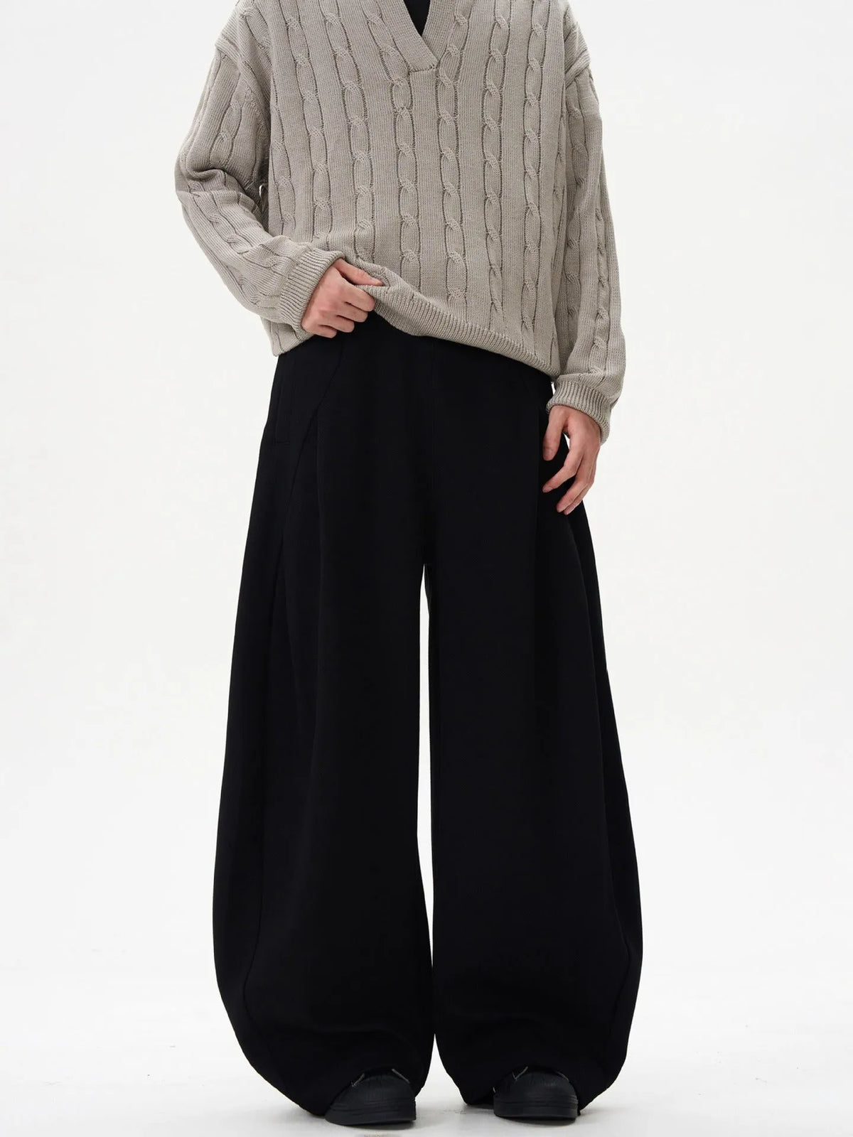 Women's wide-leg mid-waist casual trousers in grey, made from polyester fibre, shown on a model.