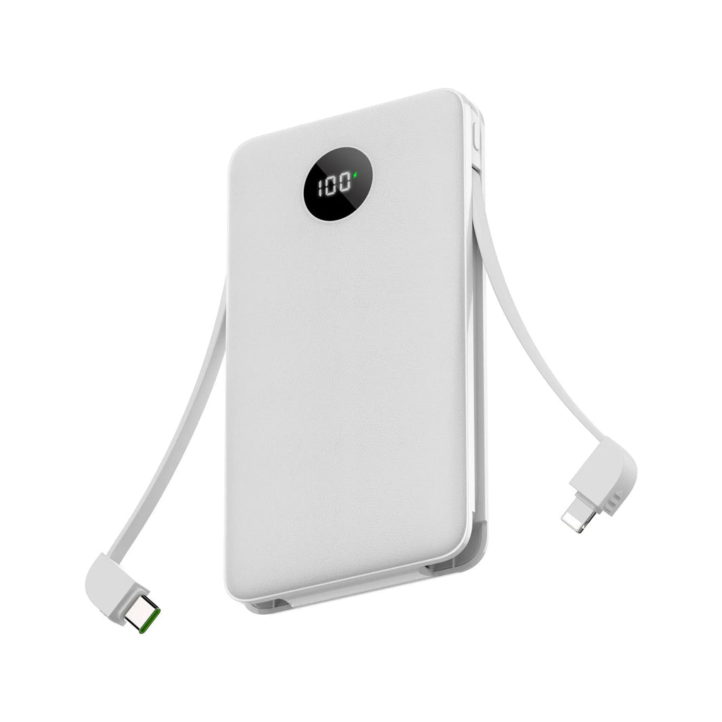 10000mAh fast charge power bank with digital display, plastic shell, 129x70x17mm, in black, white, and orange colours