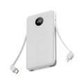 10000mAh fast charge power bank with digital display, plastic shell, 129x70x17mm, in black, white, and orange colours