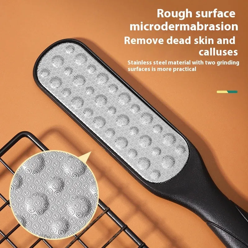 Stainless steel double-sided foot grinder with removable sandpaper foot gear.