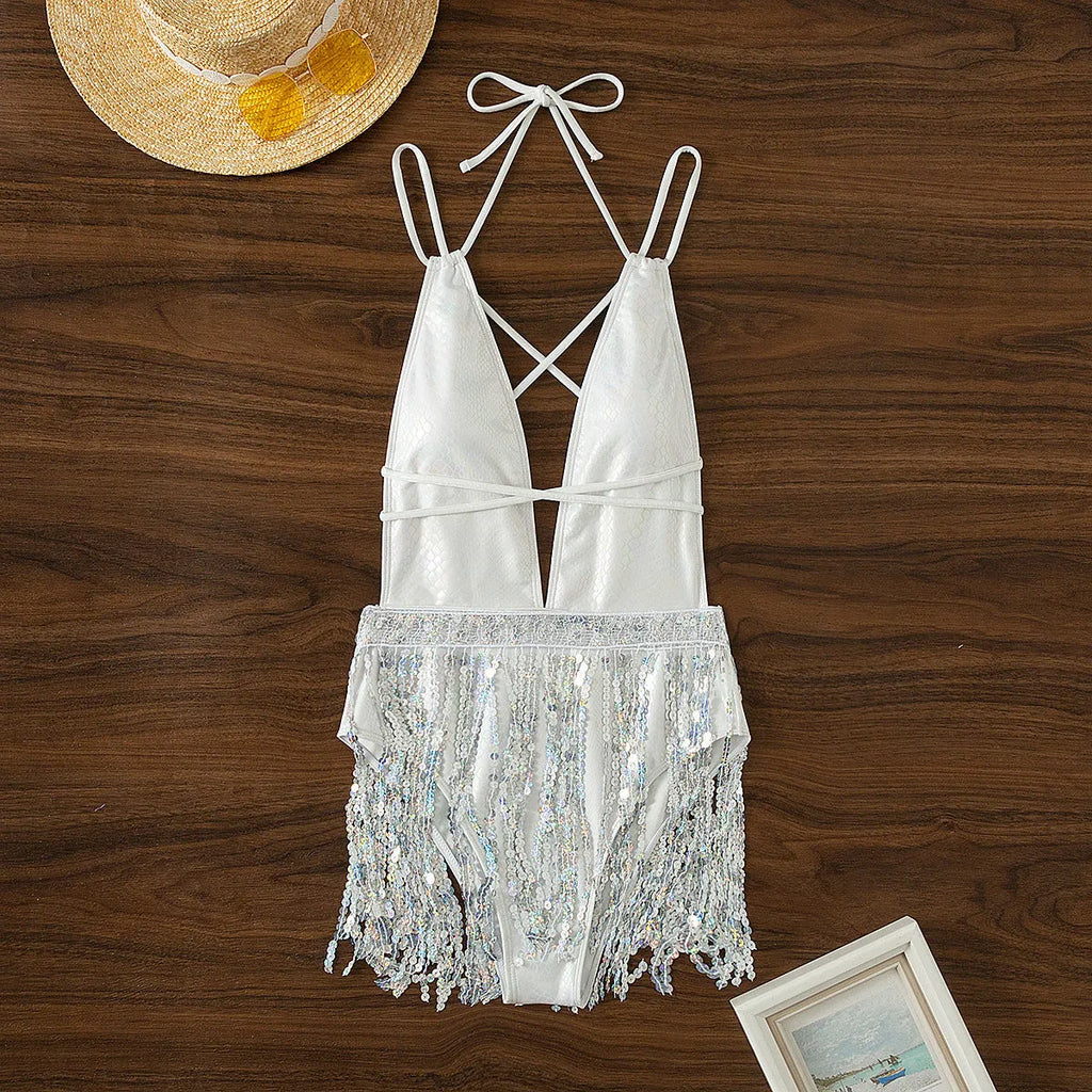 White deep V neckline tassel dress swimsuit with sleeveless briefs style