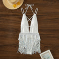 White deep V neckline tassel dress swimsuit with sleeveless briefs style