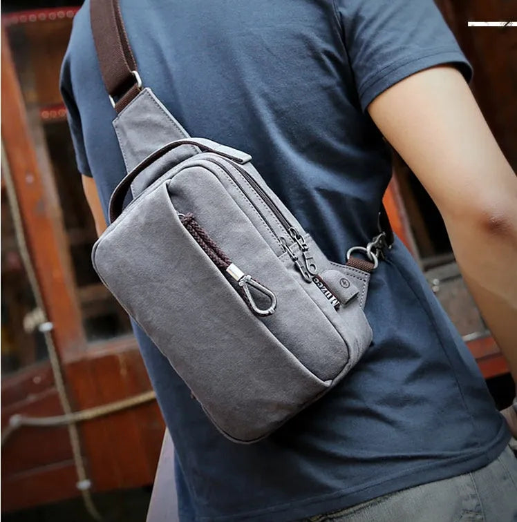 Canvas cross body bag, 16x10x25cm, with 110cm strap, shown in Blue, Grey and Light Brown
