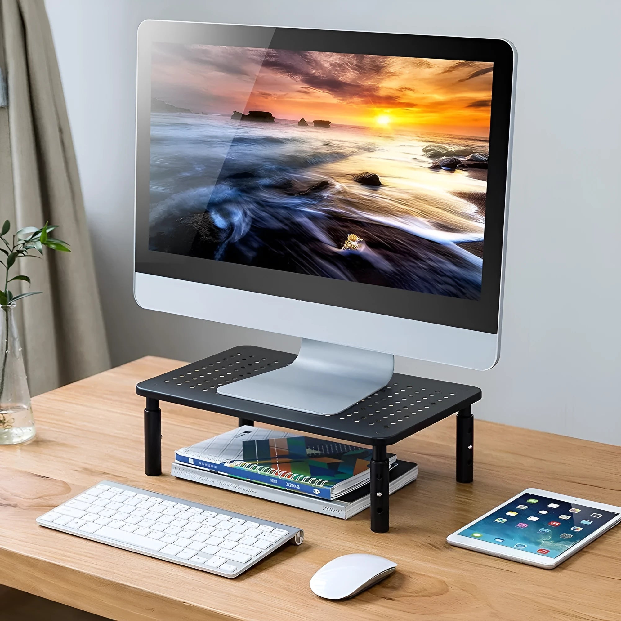 Black iron desk heightening rack with mesh surface and adjustable height 370x235x140mm