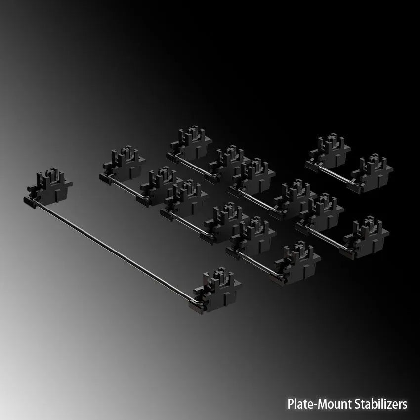 Keyboard stabiliser shaft accessories showing black and milky white options with different satellite axis sizes