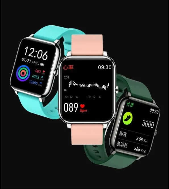 P22 smart watch with IPS colour screen, black strap, showing time display on wrist