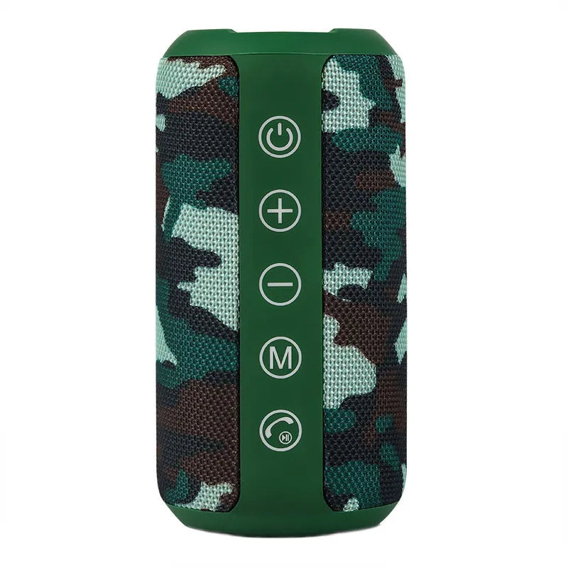 Waterproof outdoor portable Bluetooth speaker in black, camouflage, grey, or red colour.