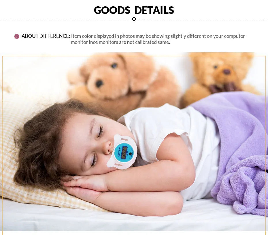 Baby pacifier digital thermometer in blue and pink colours for infant temperature monitoring