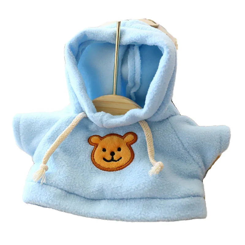 Hooded dog sweater on a mannequin in one of six colours: blue, pink, red, yellow, brown, or grey bear print.